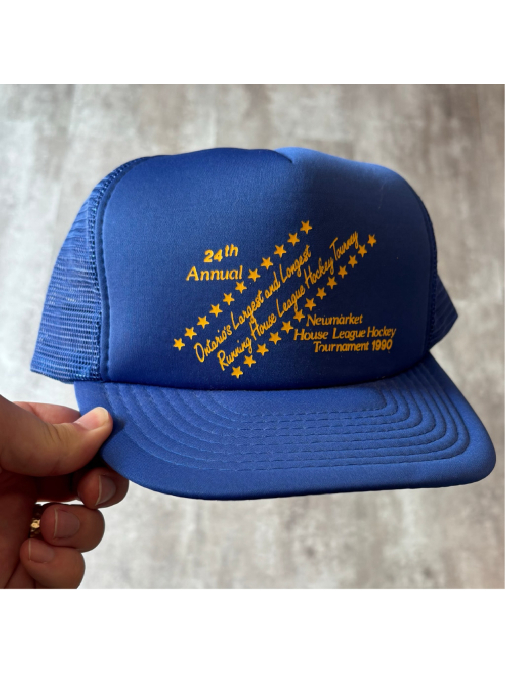 Vintage 90s NewMarket Hockey Trucker Hat Blue